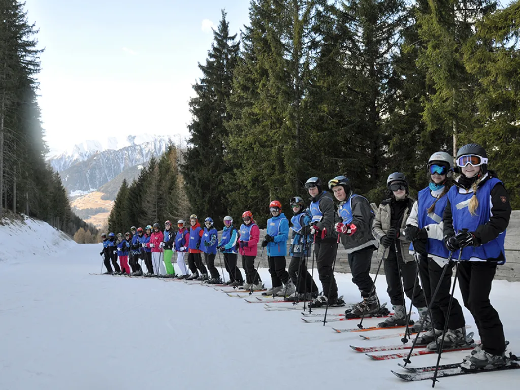 Große Skigruppe steht in einer Reihe auf der Waldpiste.